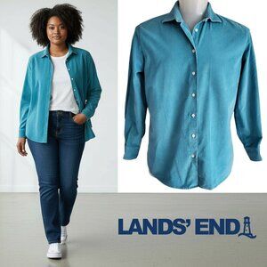 Lands' End Corduroy Fine Wale Turquoise Bluegreen Long Sleeve 100% Cotton Size L